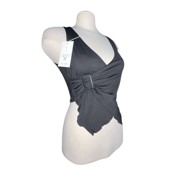 Halara Sleeveless Asymmetric Hem Buckle Waist Tank Top Sz Medium Womens Black - Picture 1 of 7